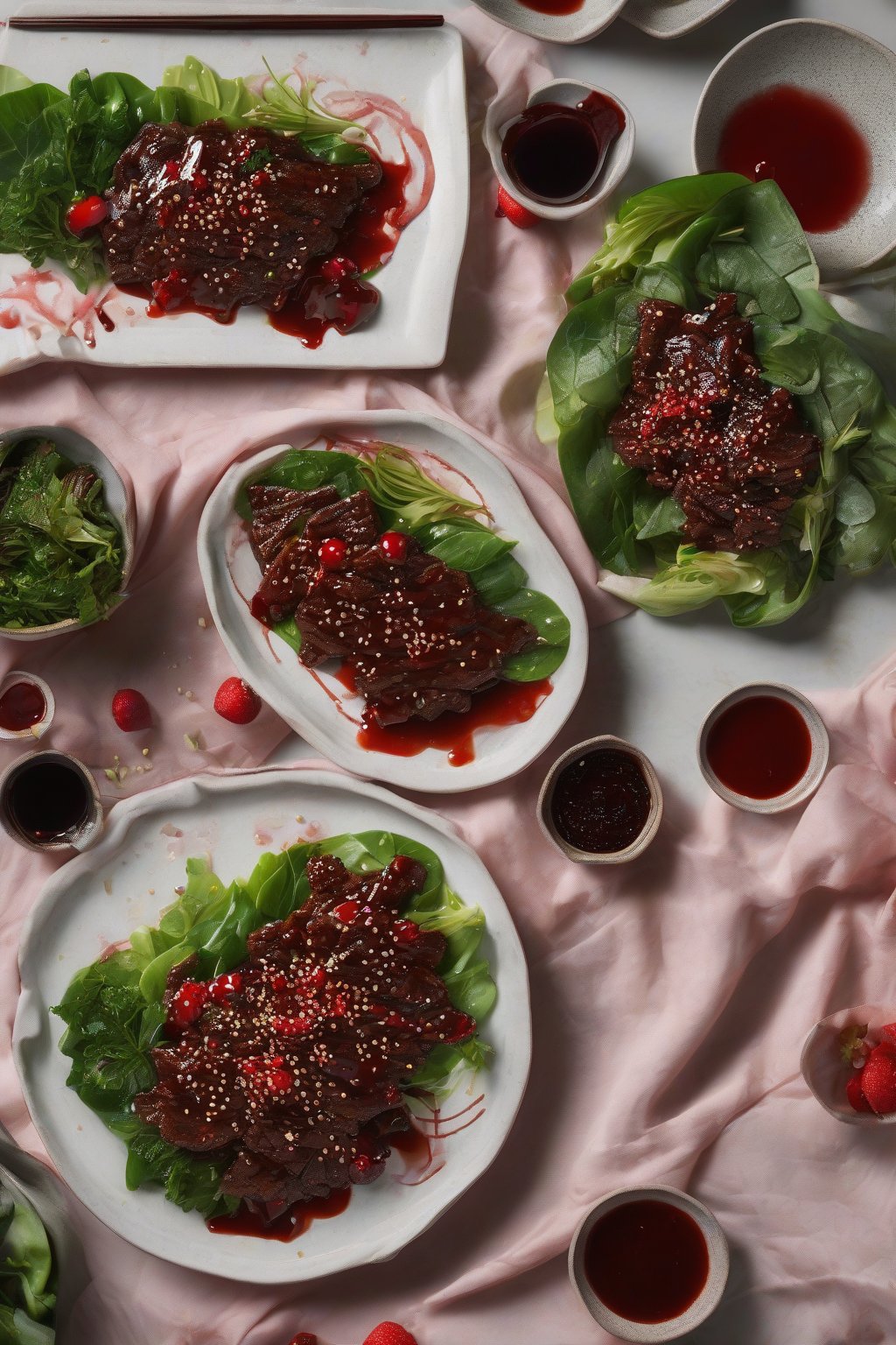 A high-resolution photo of strawberry soy bulgogi with red berry flecks and glossy sauce, served over greens, under soft lighting.