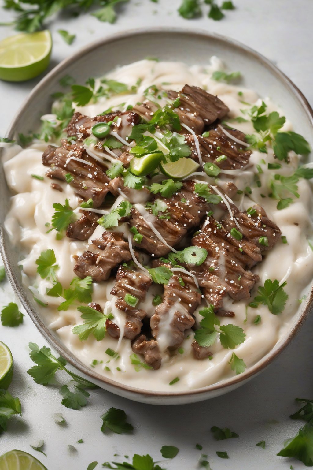 A high-resolution photo of coconut-lime bulgogi with fresh herbs and lime wedges, creamy sauce glistening, under soft lighting.