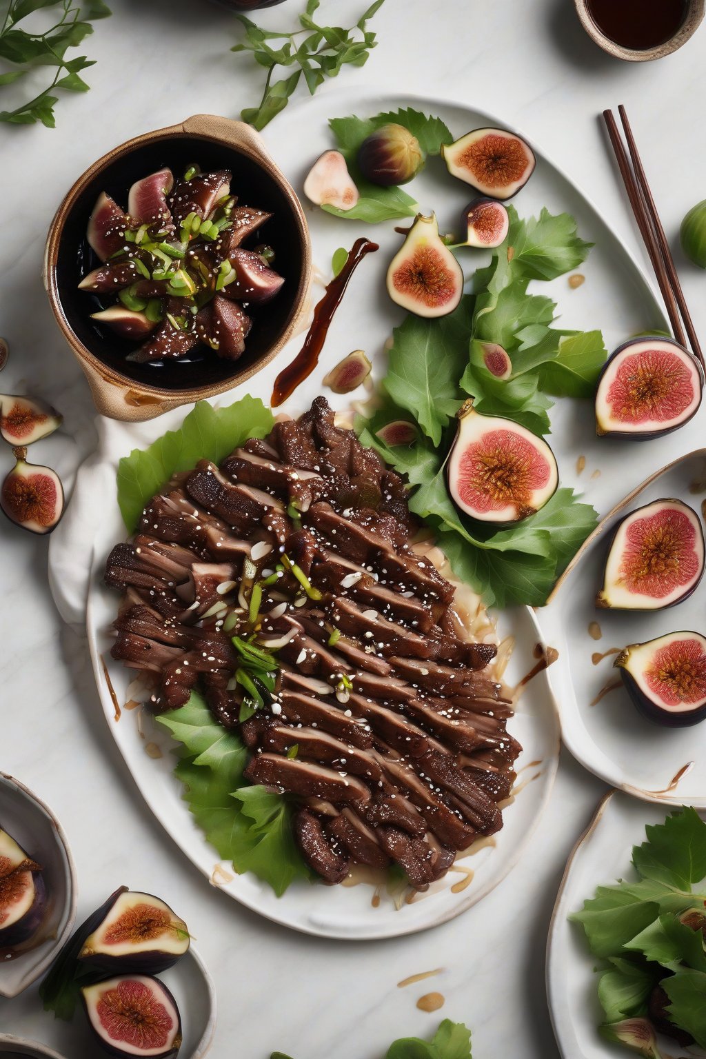 A high-resolution photo of maple fig bulgogi with halved figs and maple drizzle, elegantly plated, under soft lighting.