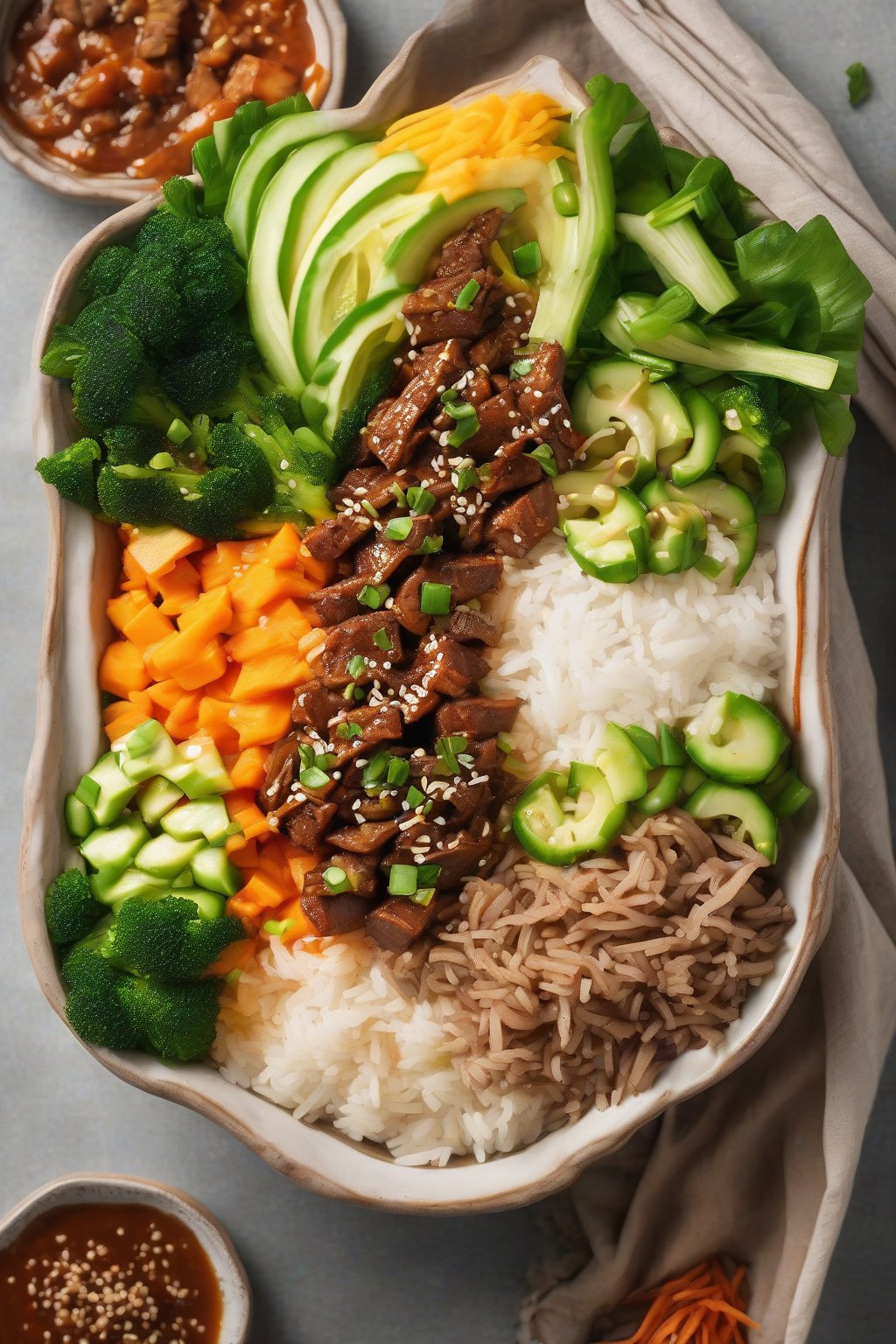 A high-resolution photo of sweet potato bulgogi bowl with layered veggies and rice, colorful and steaming, under soft lighting.