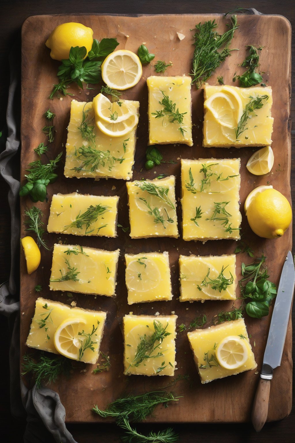 A high-resolution photo of Barefoot Contessa Foolproof with lemon bars and fresh herbs on a wooden board under soft lighting.