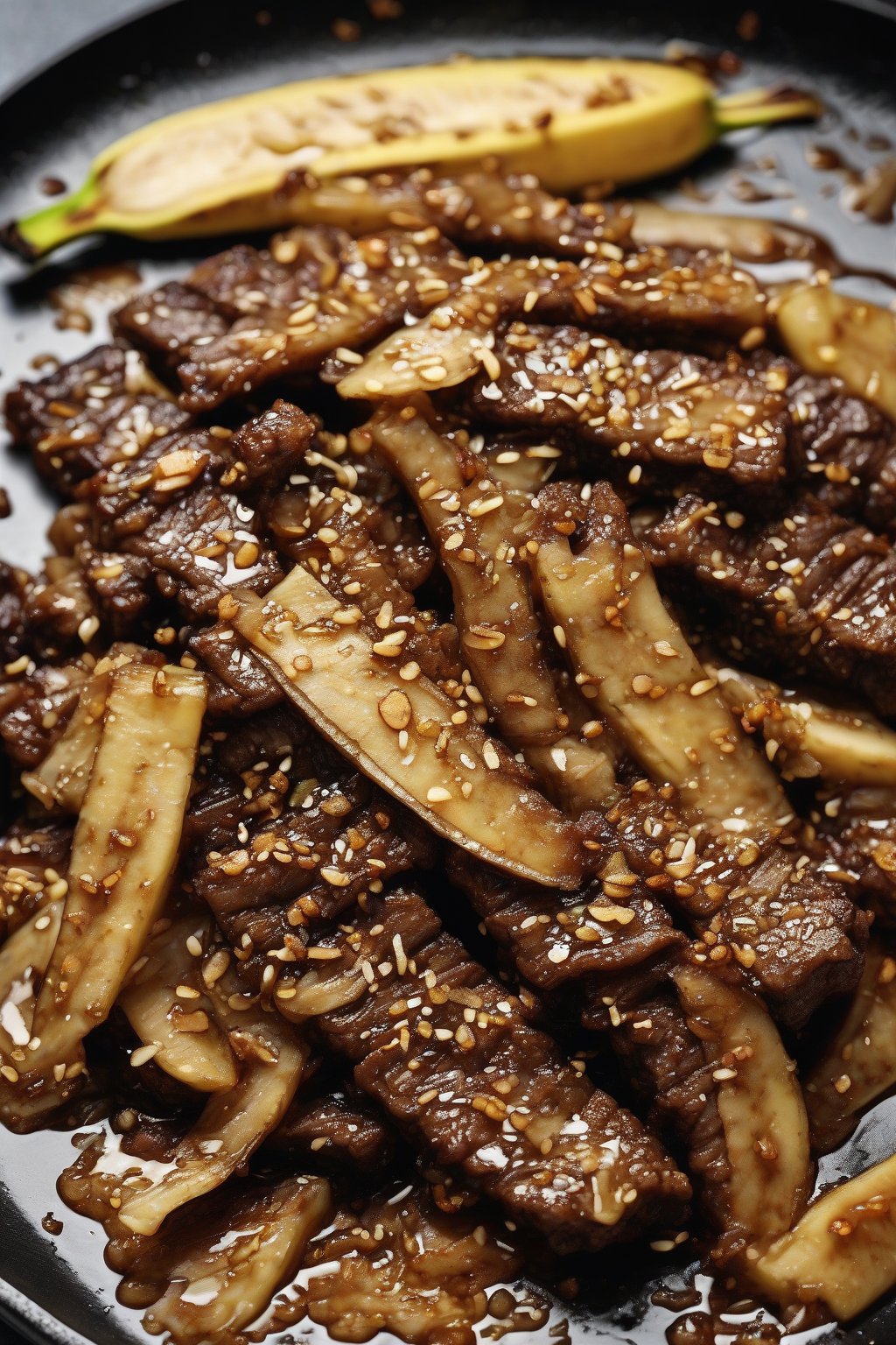A high-resolution photo of banana-ginger bulgogi strips with ginger flecks and banana caramelization, under soft lighting.
