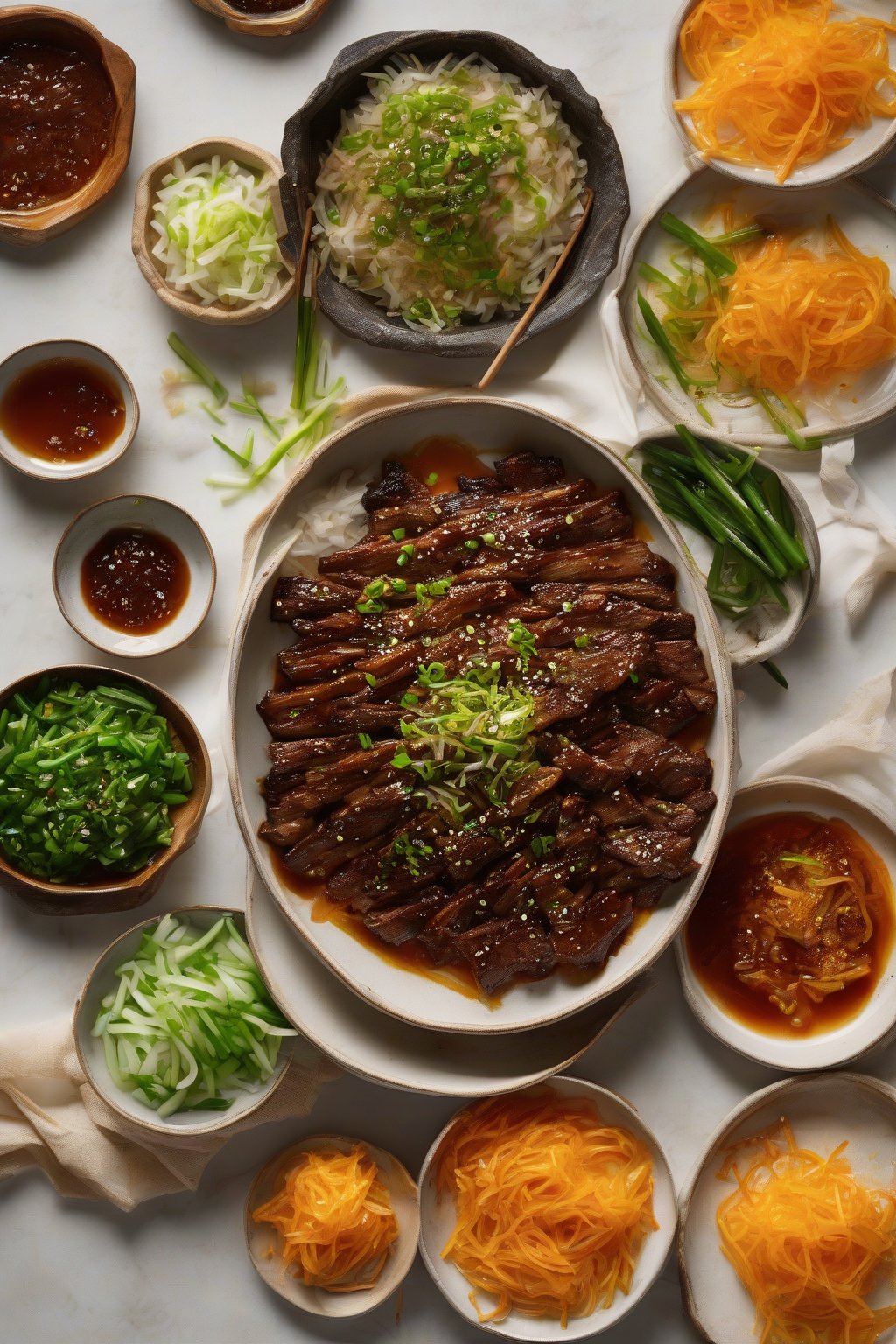A high-resolution photo of orange marmalade bulgogi with bright zest and charred bits, garnished with scallions, under soft lighting.