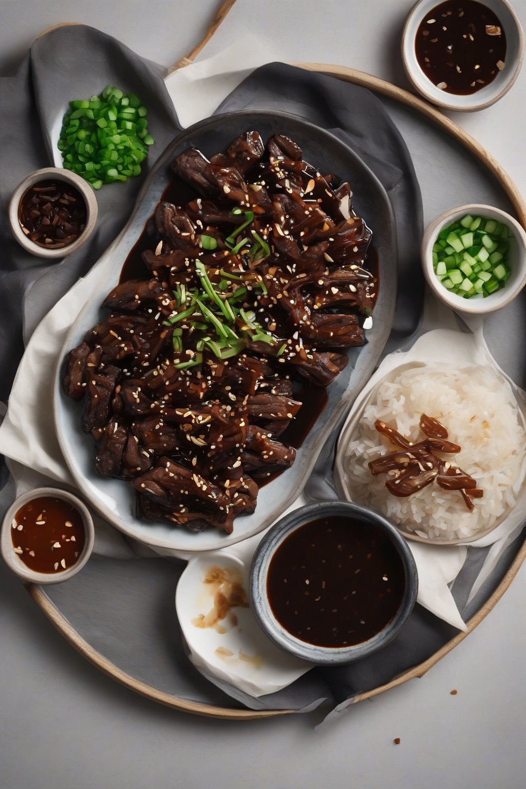 A high-resolution photo of date and tamarind bulgogi with dark glossy sauce and date pieces, under soft lighting.