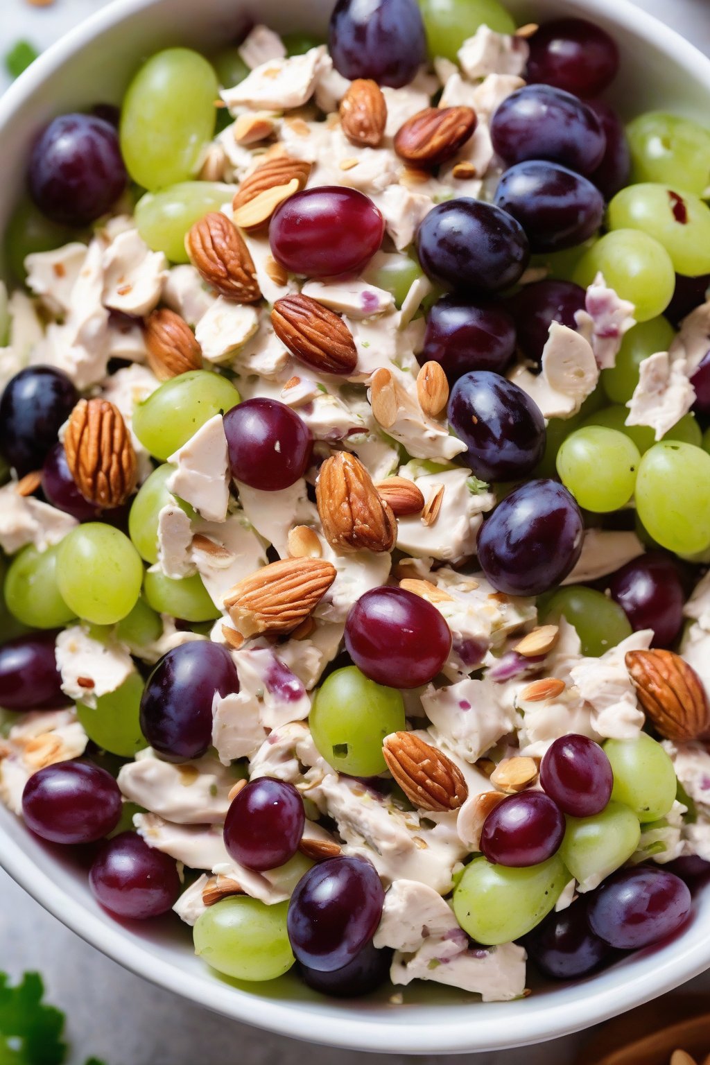 A close-up photo of classic honey grape chicken salad in a white bowl, topped with almonds and grapes, under soft lighting.