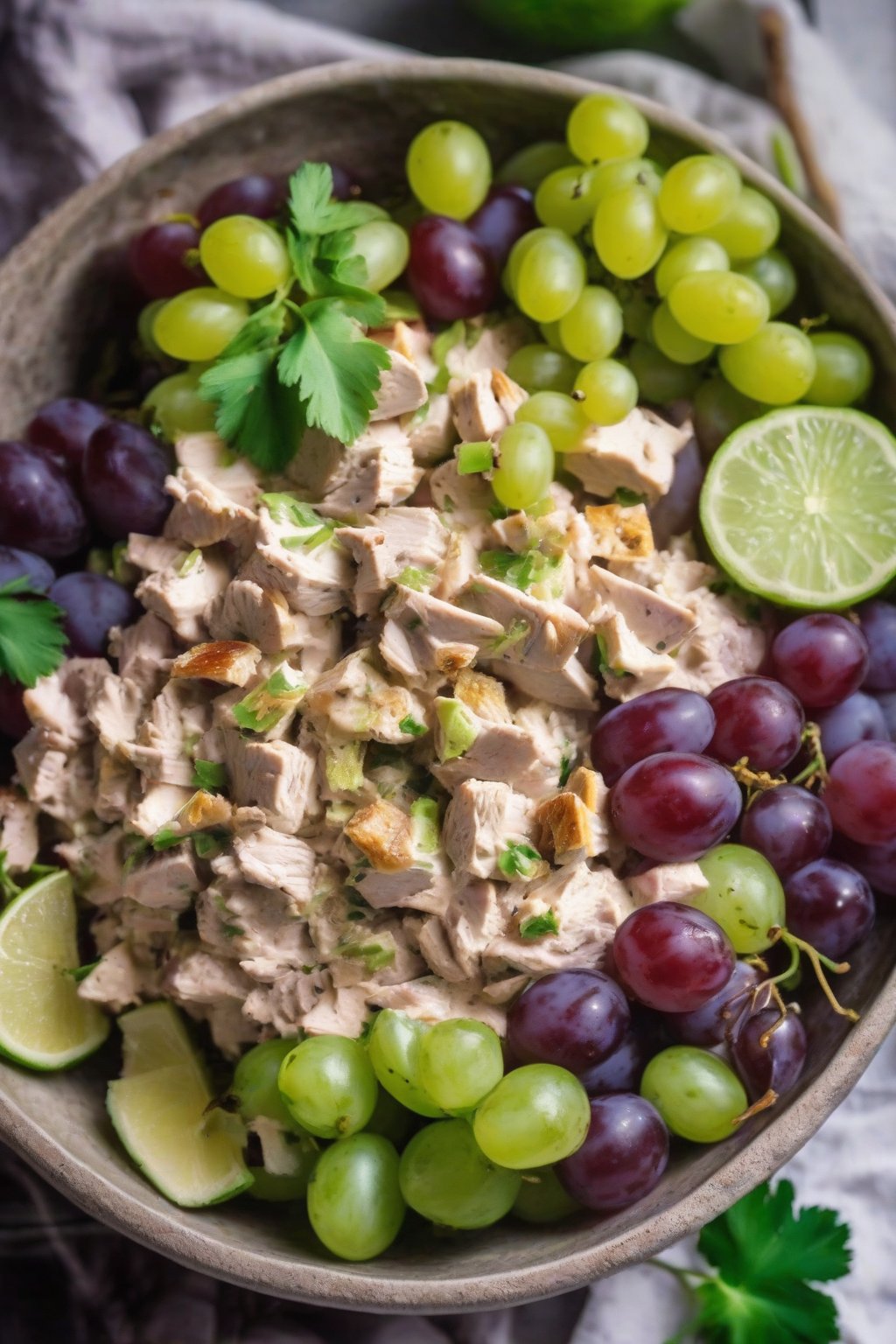 A close-up photo of curried grape chicken salad garnished with lime wedges and grapes, in a rustic bowl, under soft lighting.