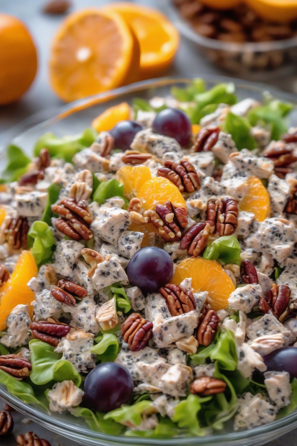 A close-up photo of poppy seed grape chicken salad with oranges and pecans scattered on top, served in a glass dish, under soft lighting.