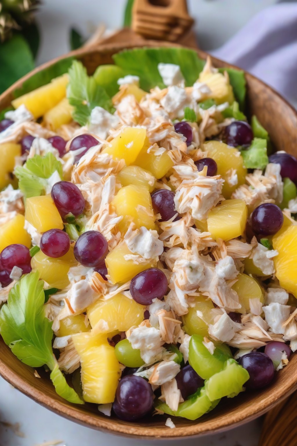 A close-up photo of tropical pineapple grape chicken salad with coconut flakes, in a vibrant bowl, under soft lighting.