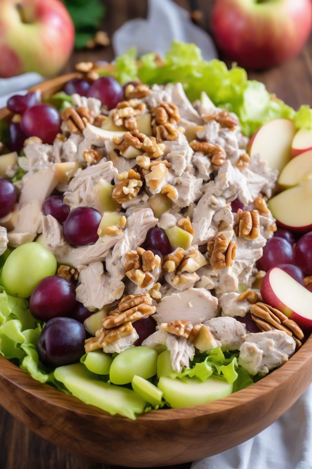 A close-up photo of apple walnut grape chicken salad with apple slices on top, in a wooden bowl, under soft lighting.