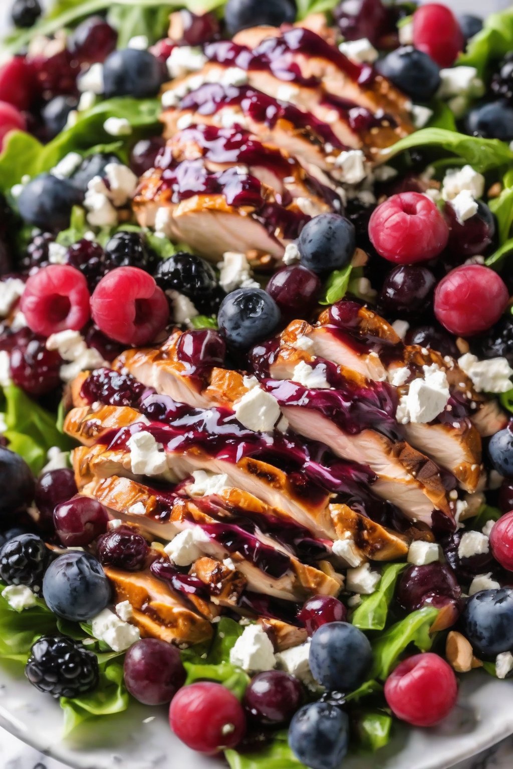 A close-up photo of balsamic berry grape chicken salad drizzled with glaze, topped with feta, under soft lighting.