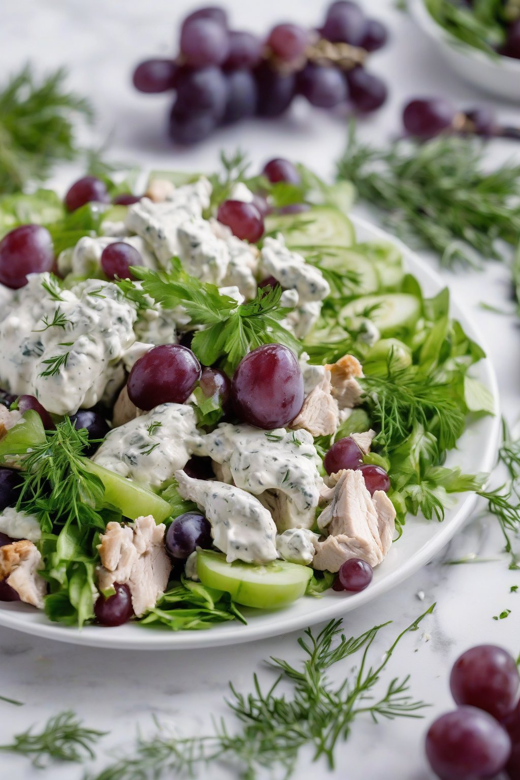 A close-up photo of Greek yogurt herb grape chicken salad with dill sprigs, in a modern white plate, under soft lighting.
