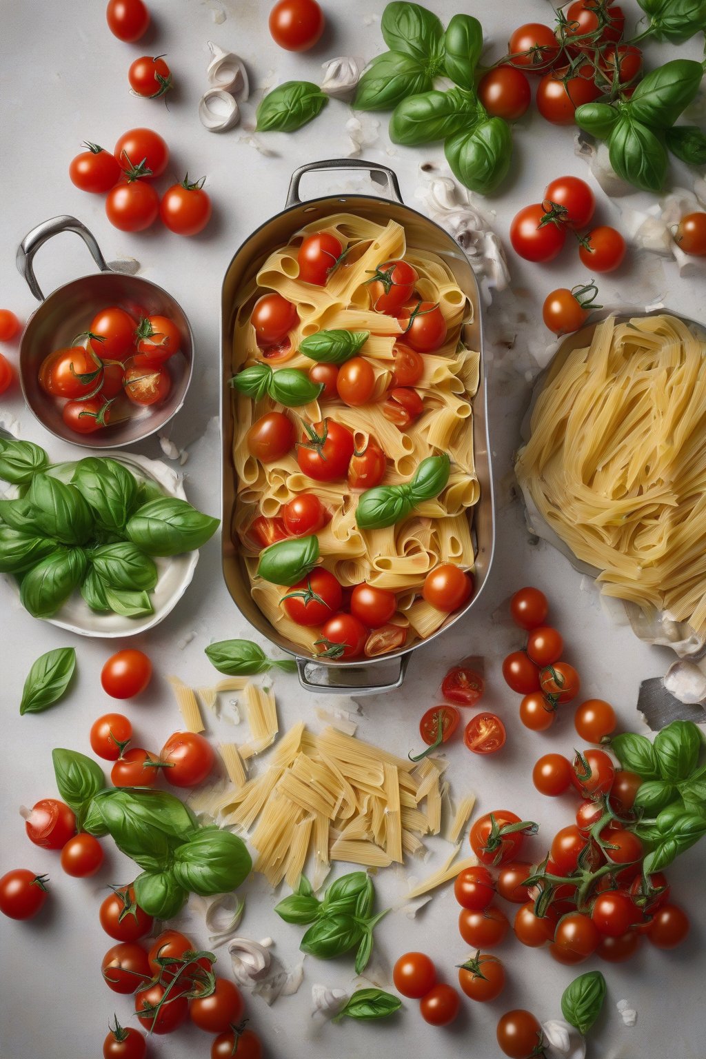 A high-resolution photo of How to Cook Everything open to a pasta section, with cherry tomatoes and basil under soft lighting.