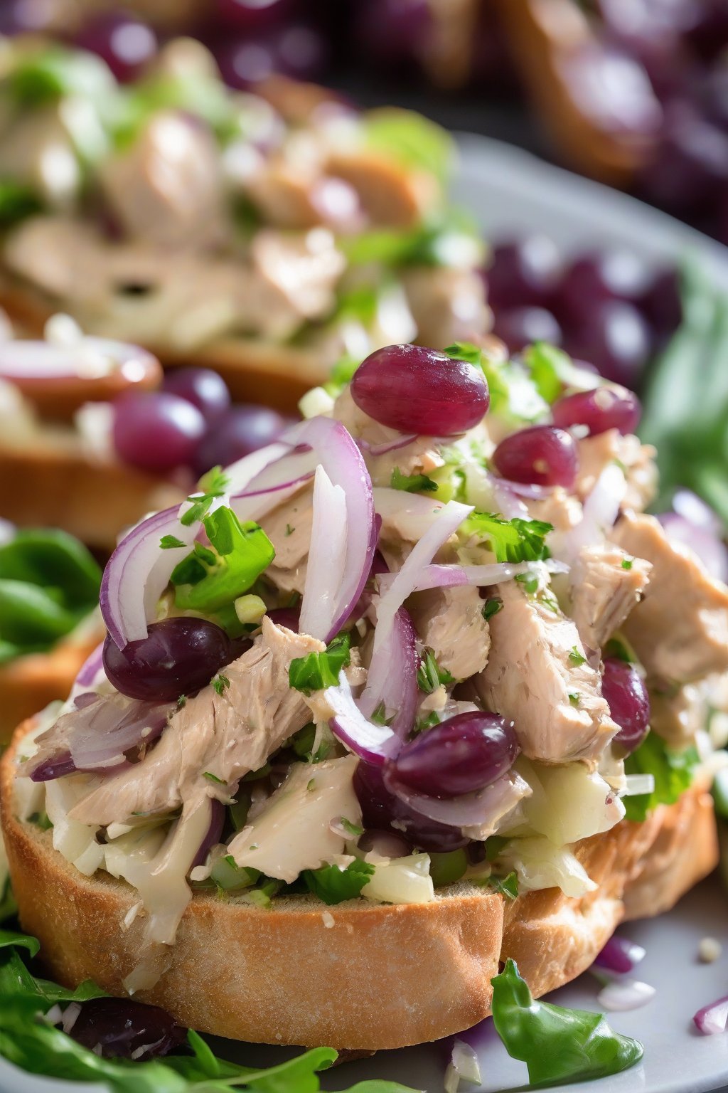 A close-up photo of maple Dijon grape chicken salad with sliced onions, on crostini, under soft lighting.