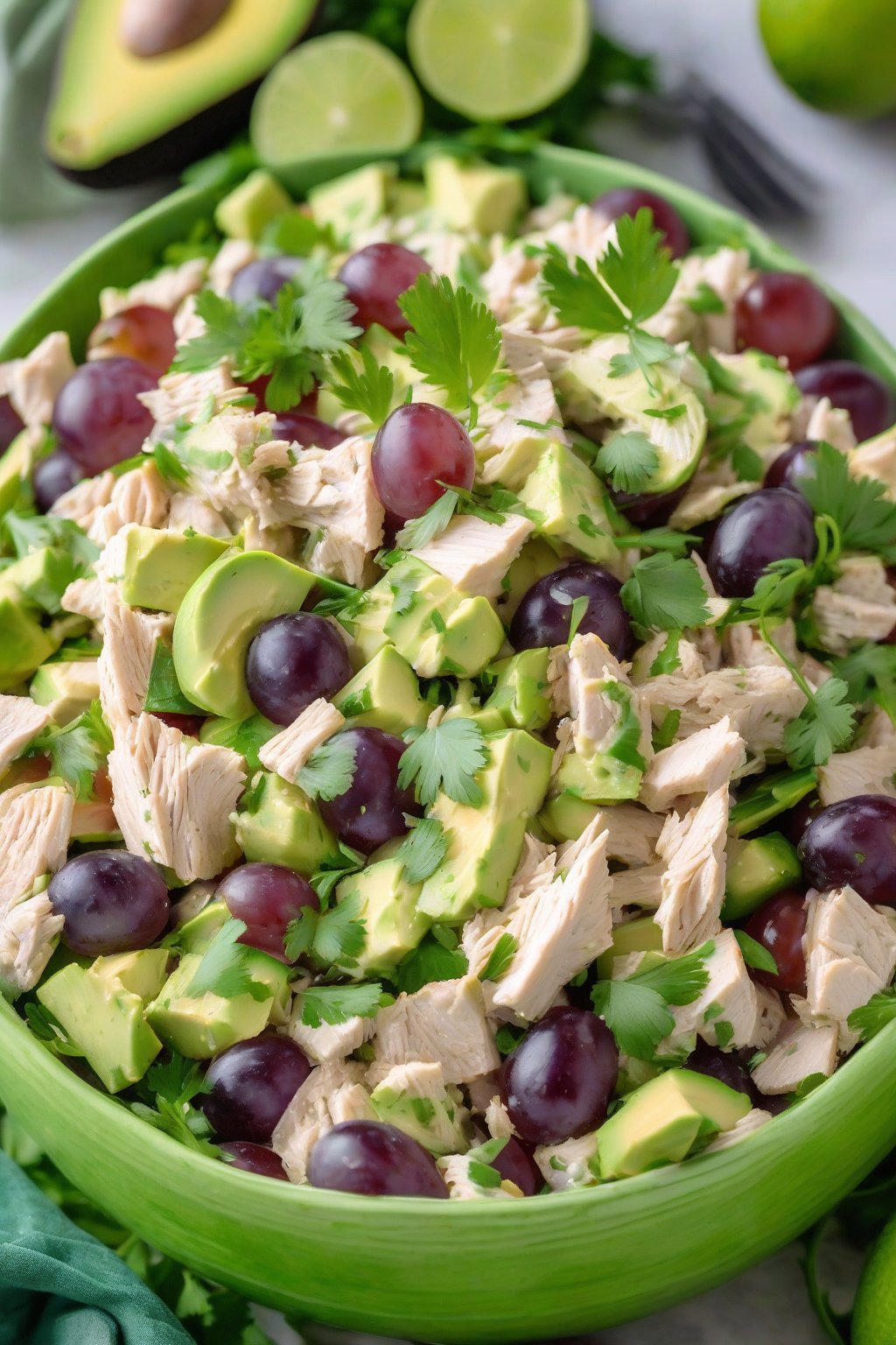 A close-up photo of avocado lime grape chicken salad with cilantro garnish, in a green bowl, under soft lighting.