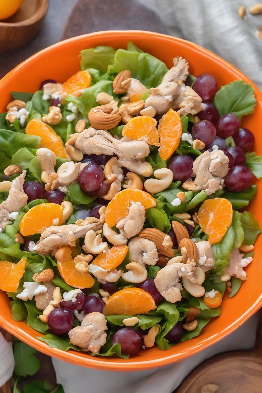 A close-up photo of mandarin orange grape chicken salad with cashews, in a bright orange dish, under soft lighting.