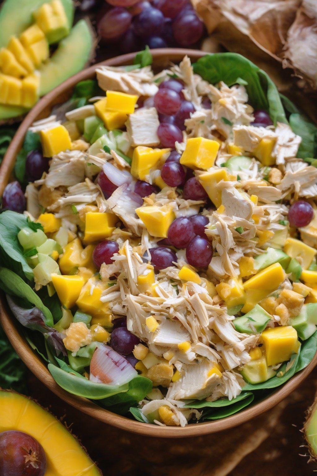 A close-up photo of coconut curry grape chicken salad with mango pieces, in a tropical bowl, under soft lighting.