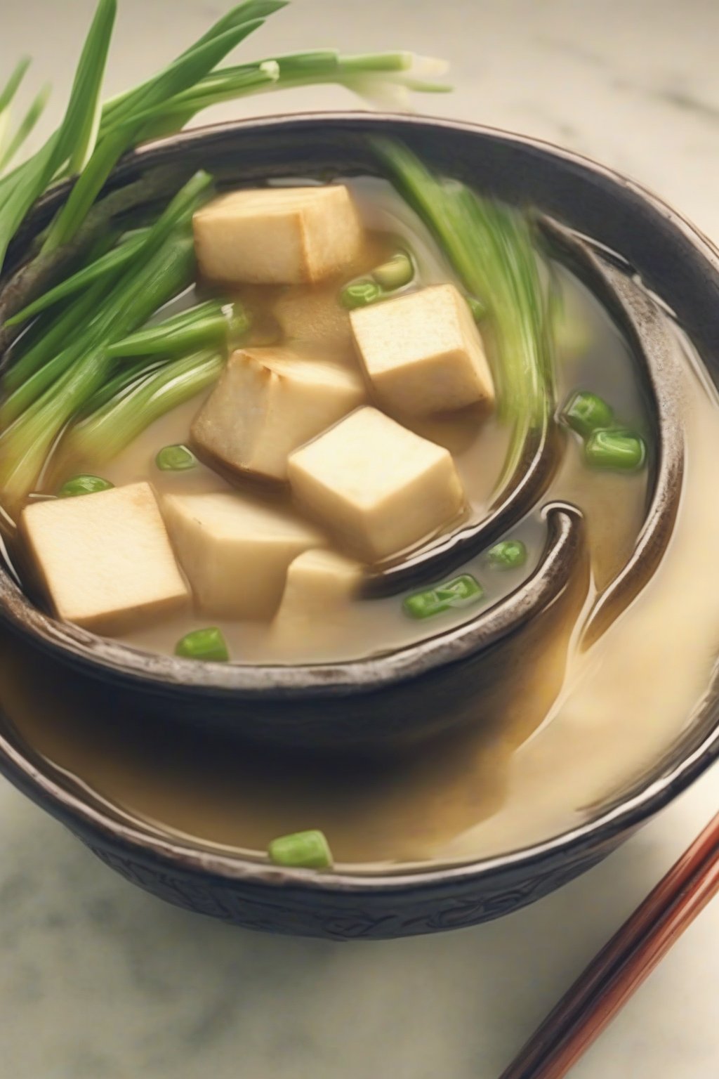 A close-up photo of steaming classic dashi miso soup with tofu cubes and green onions under soft lighting.