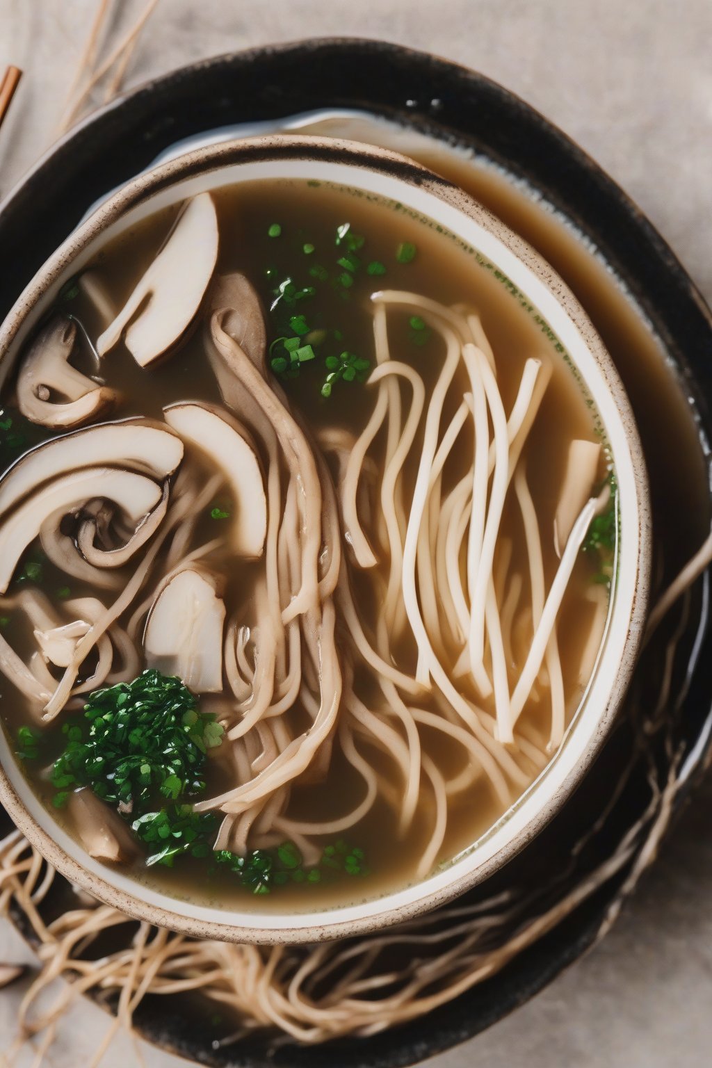 A close-up photo of shiitake mushroom miso soup with enoki strands and glossy broth under soft lighting.