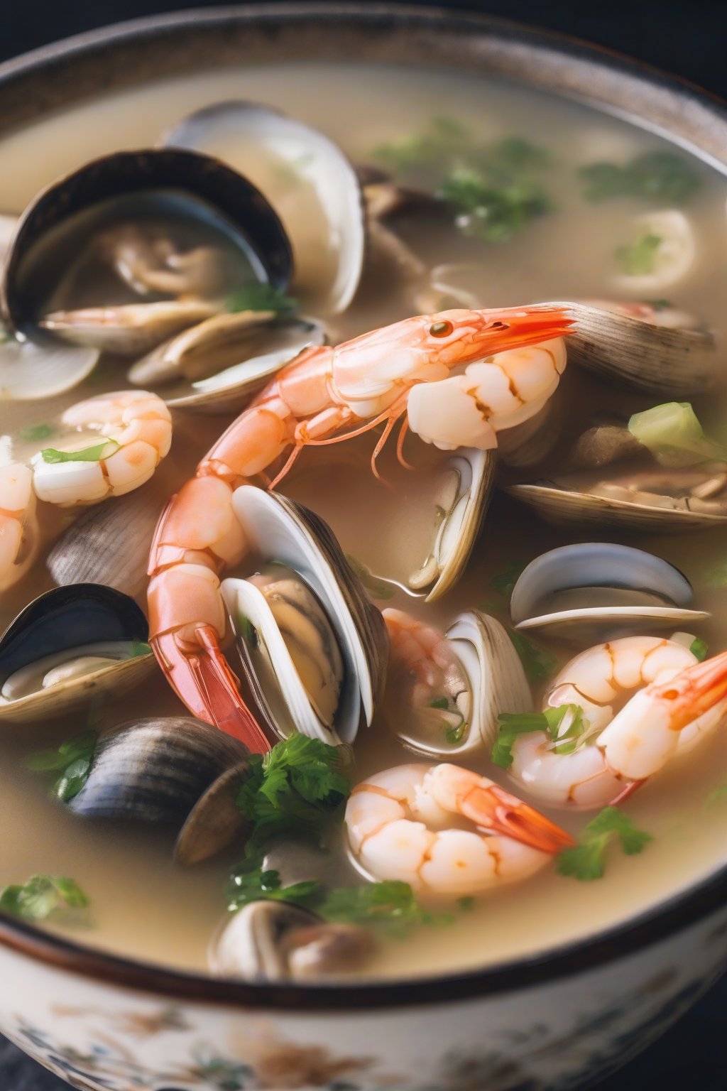 A close-up photo of seafood miso soup featuring shrimp and clams in a cloudy broth under soft lighting.