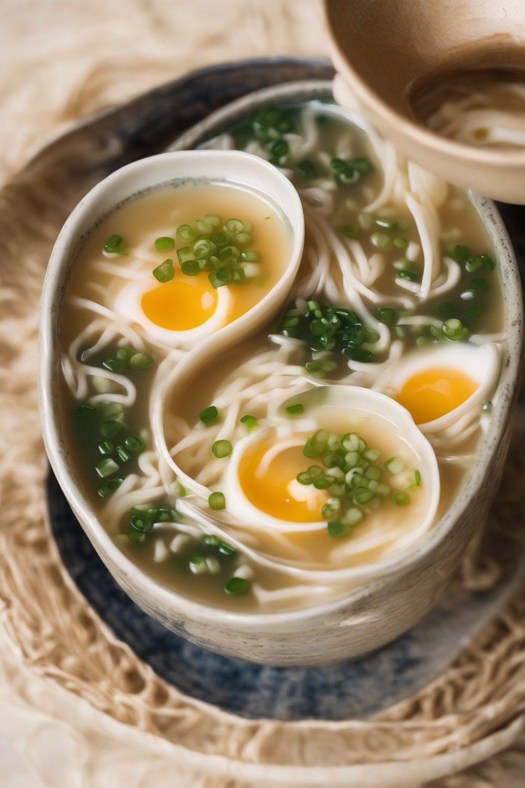 A close-up photo of egg drop miso soup with swirling egg ribbons and scallions under soft lighting.
