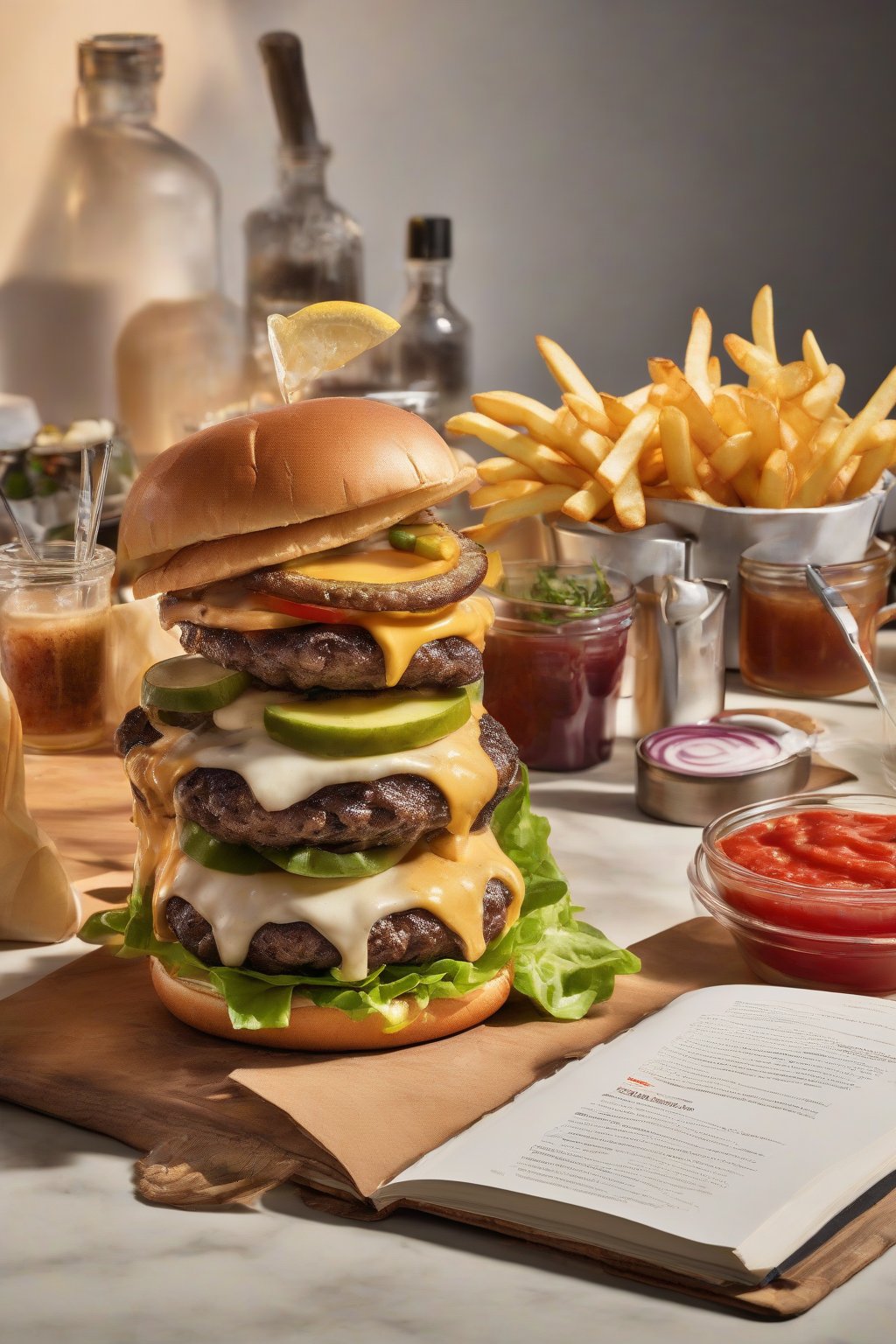 A high-resolution photo of The Food Lab cookbook with a juicy burger and fries setup under soft lighting.