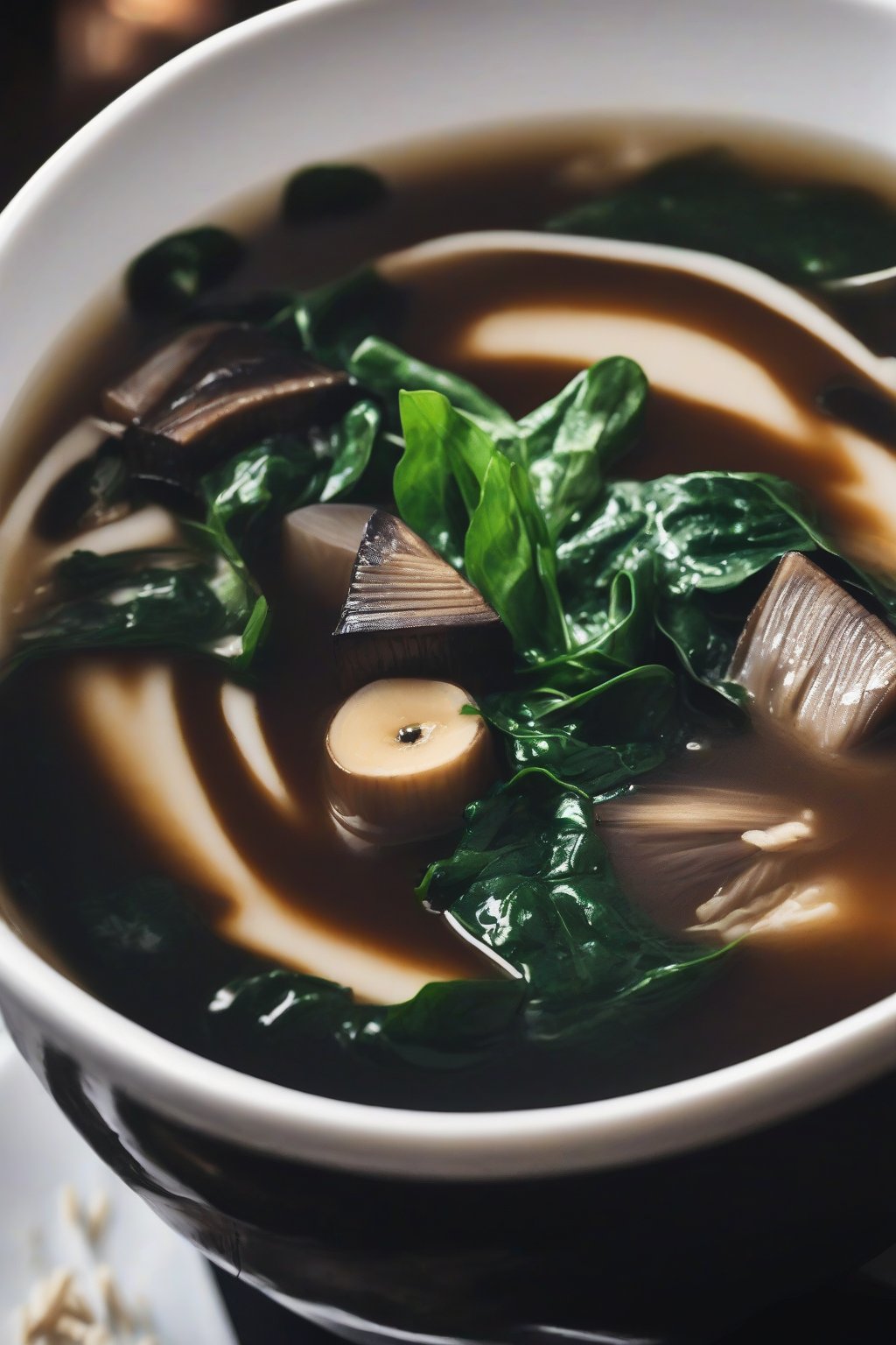 A close-up photo of black garlic miso soup with wilted spinach in dark, glossy broth under soft lighting.
