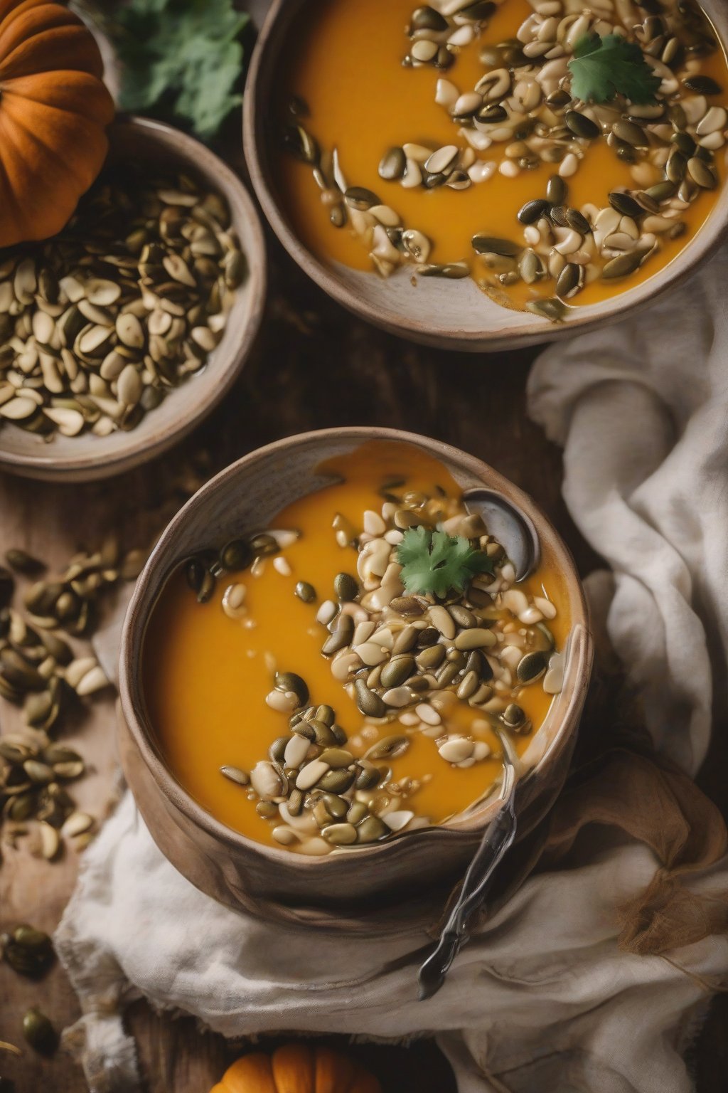 A close-up photo of butternut squash miso soup topped with pumpkin seeds under soft lighting.
