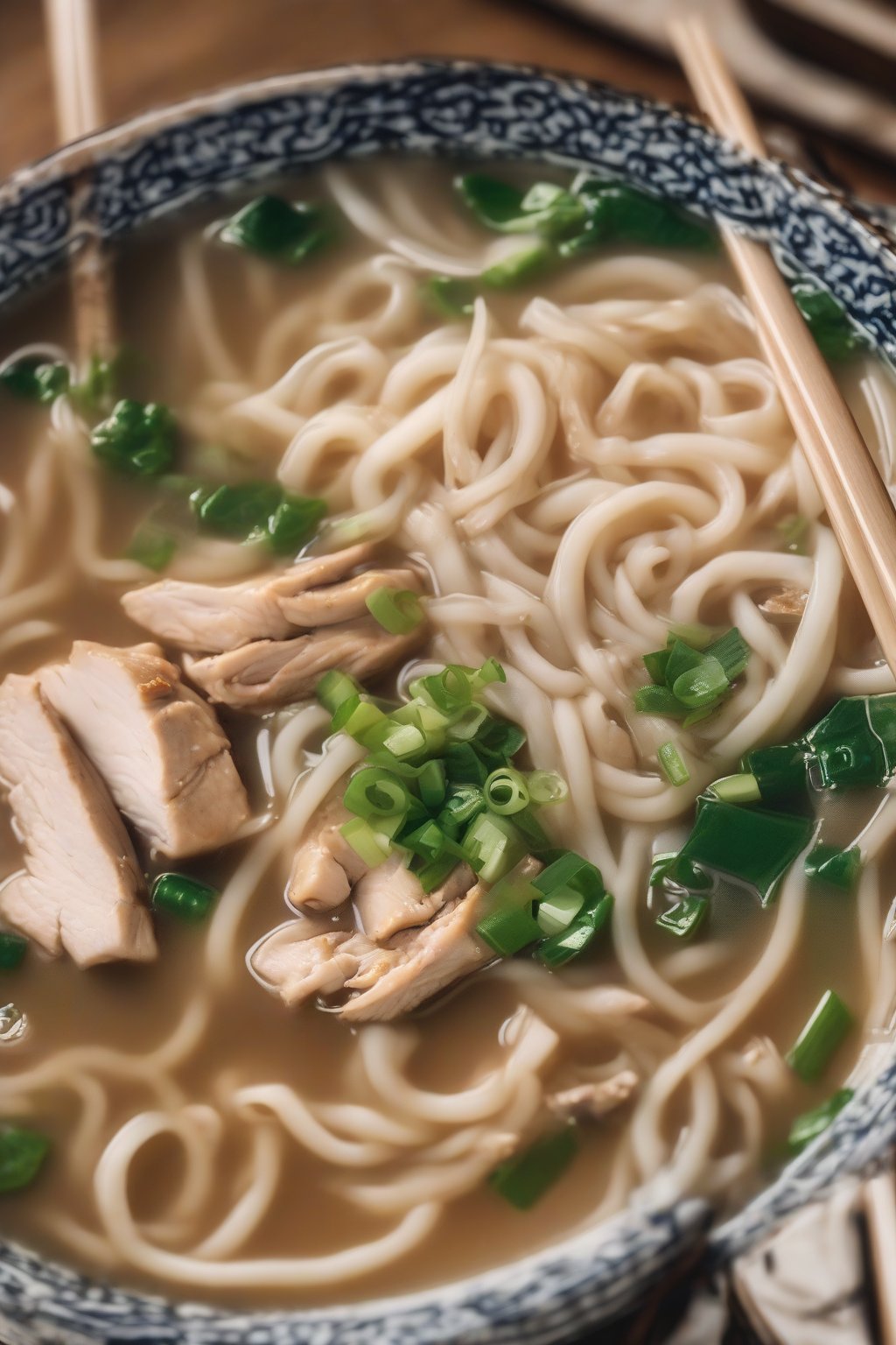 A close-up photo of ginger chicken miso soup with udon noodles and shreds under soft lighting.