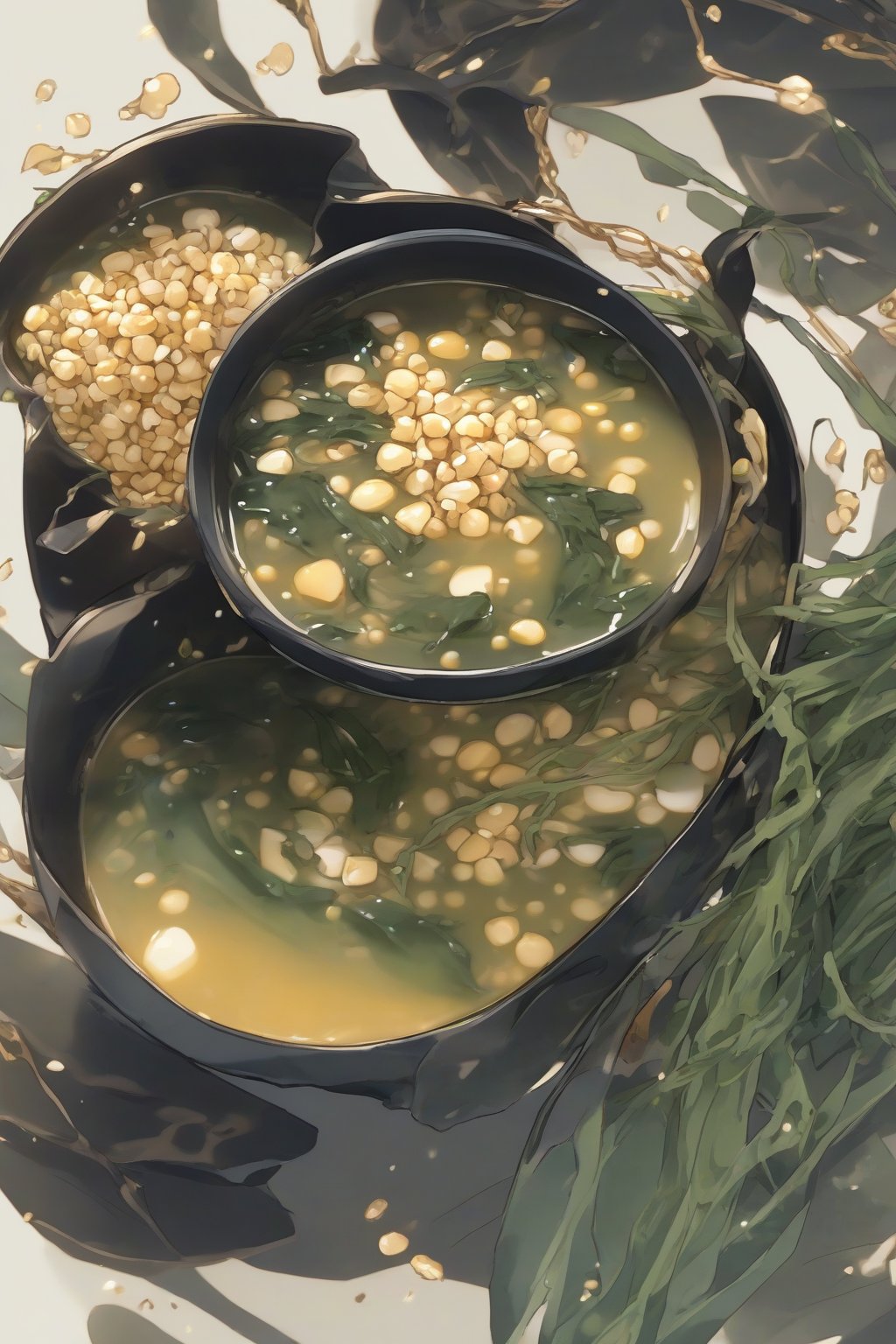 A close-up photo of wakame corn miso soup with golden kernels and seaweed under soft lighting.