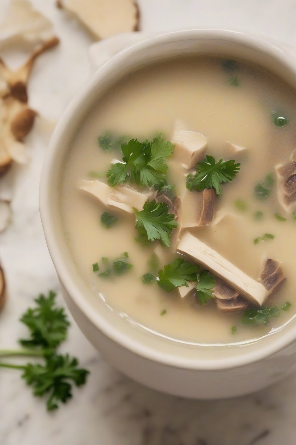 A close-up photo of porcini parmesan miso soup garnished with parsley under soft lighting.