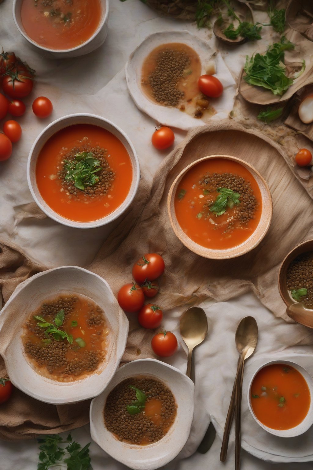A close-up photo of tomato miso soup with lentils and curry flecks under soft lighting.