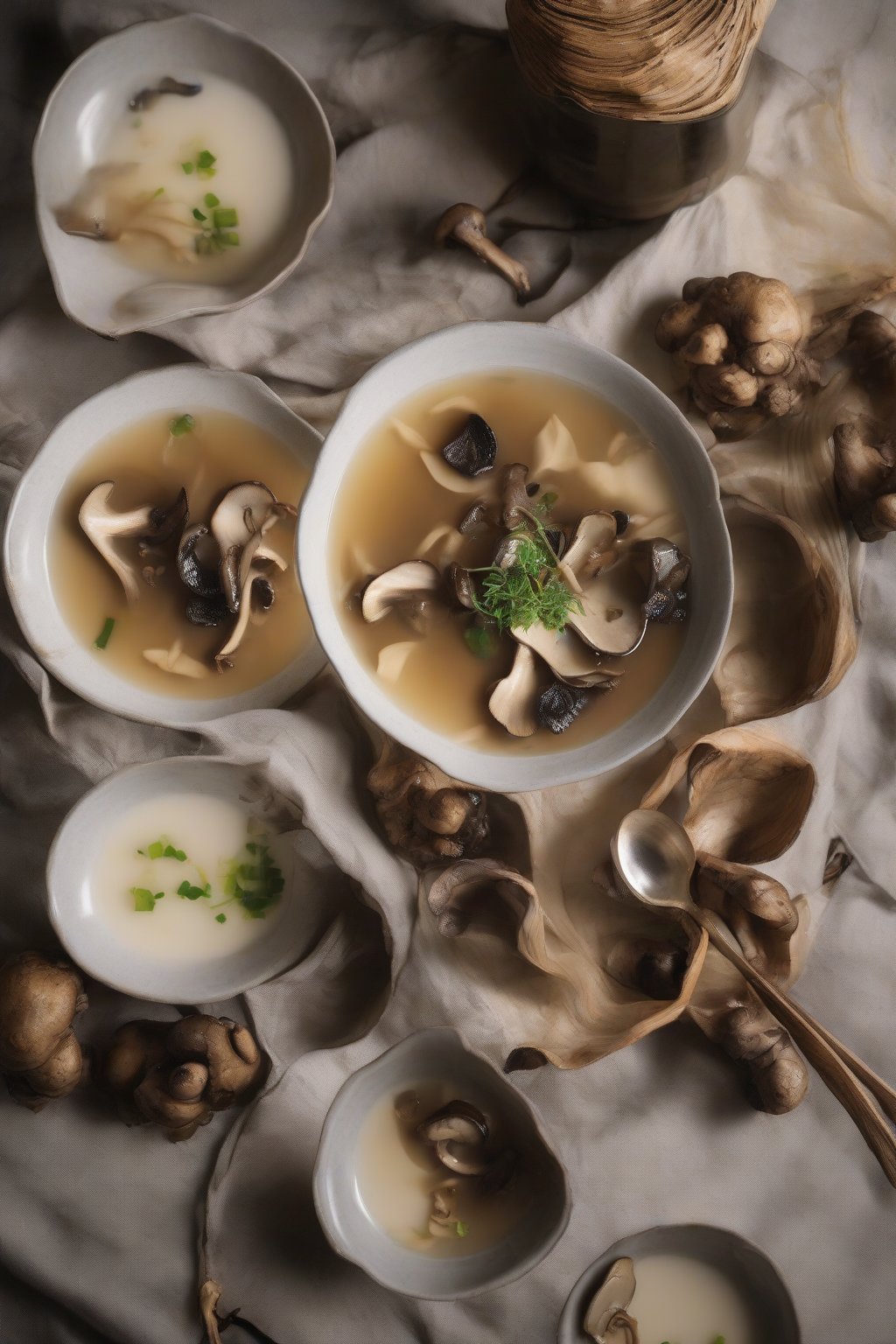 A close-up photo of truffle miso soup with wild mushrooms drizzled in oil under soft lighting.