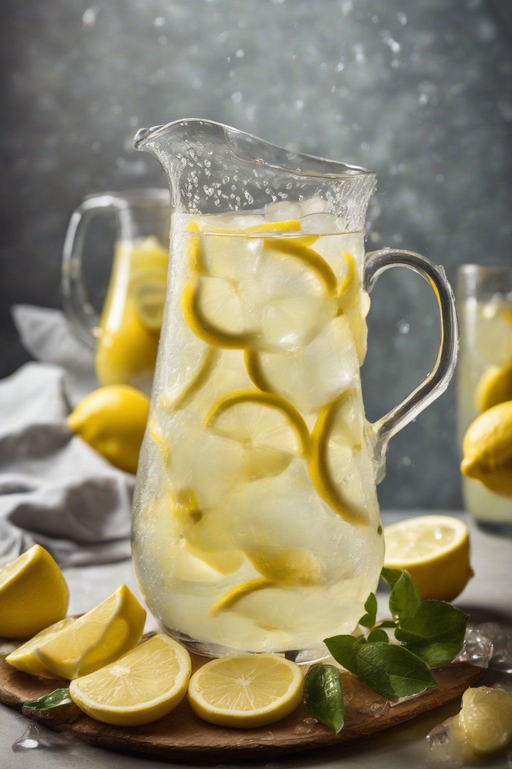 A high-resolution photo of a pitcher of classic tart lemonade with lemon slices and ice, condensation dripping down the glass, under soft lighting.