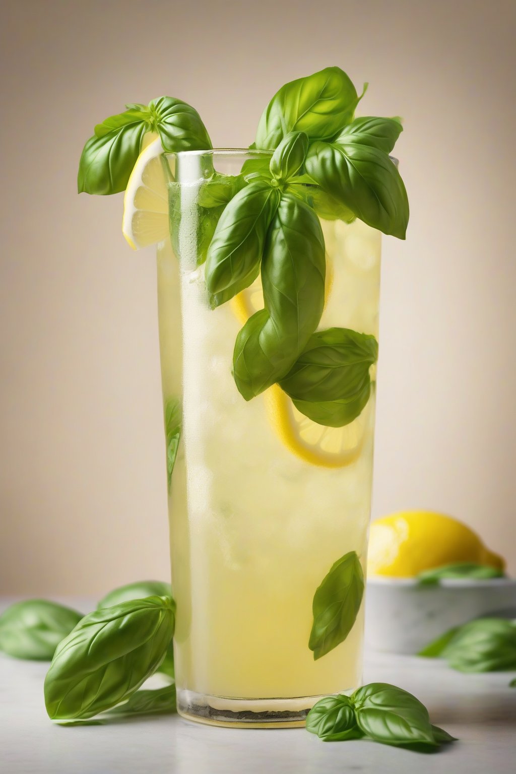 A high-resolution photo of basil lemonade in a tall glass garnished with basil leaves and lemon wedges, under soft lighting.