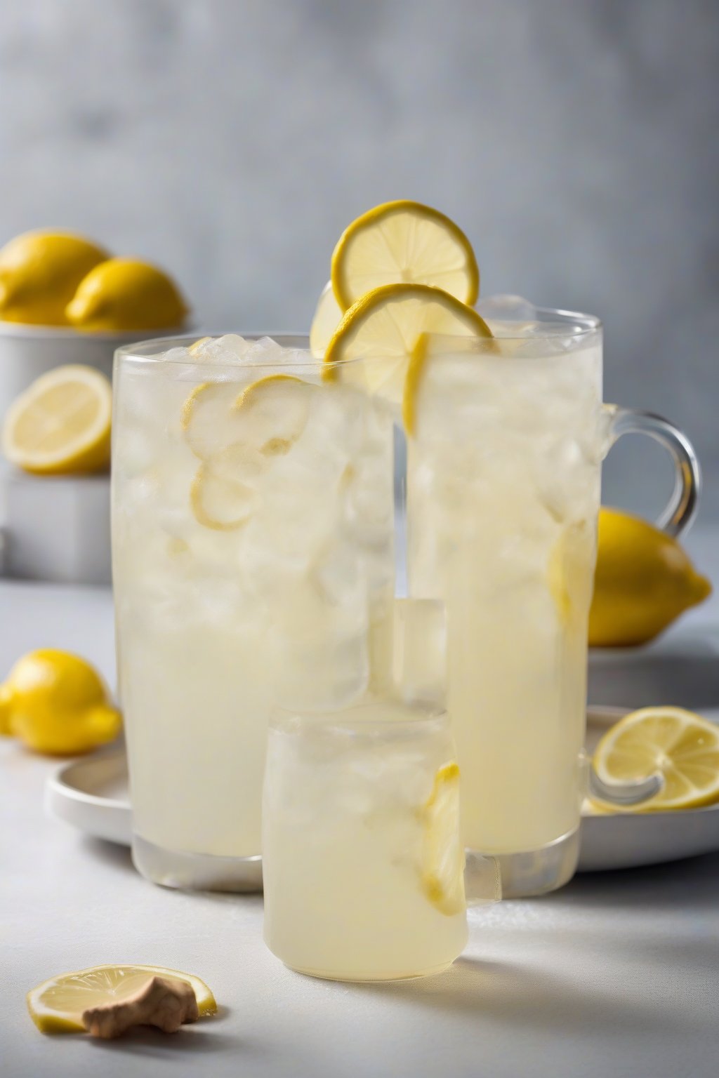 A high-resolution photo of ginger lemonade with floating ginger slices and lemon zest, in a frosty mug, under soft lighting.
