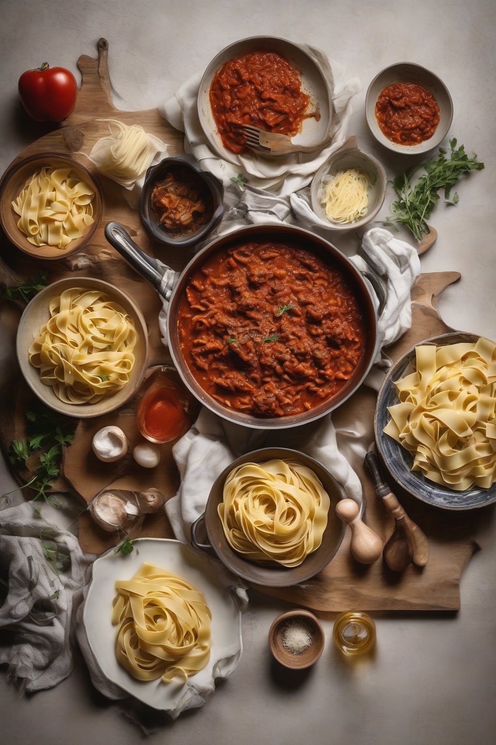 A high-resolution photo of Essentials of Classic Italian Cooking beside a steaming bowl of tagliatelle al ragù under soft lighting.