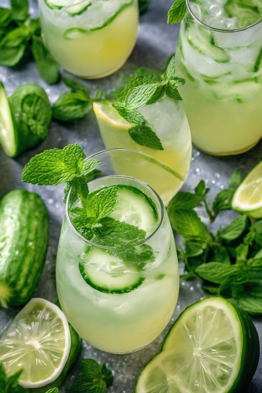 A high-resolution photo of cucumber mint lemonade with cucumber wheels and mint sprigs, sparkling with bubbles, under soft lighting.