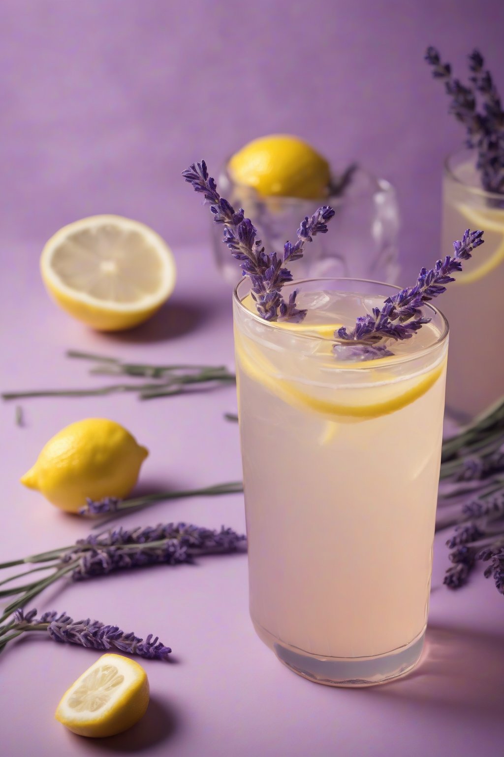 A high-resolution photo of lavender lemonade tinted pale purple, garnished with lavender sprigs and lemon twist, under soft lighting.