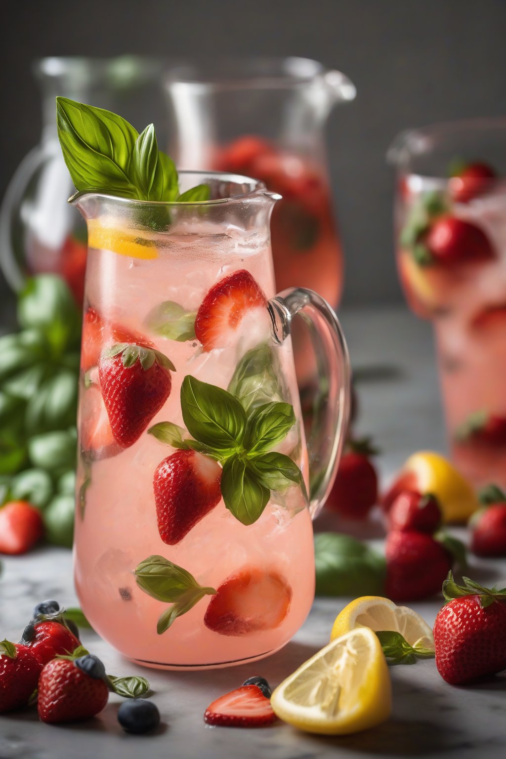A high-resolution photo of strawberry basil lemonade with fresh berries and basil floating, in a clear pitcher, under soft lighting.