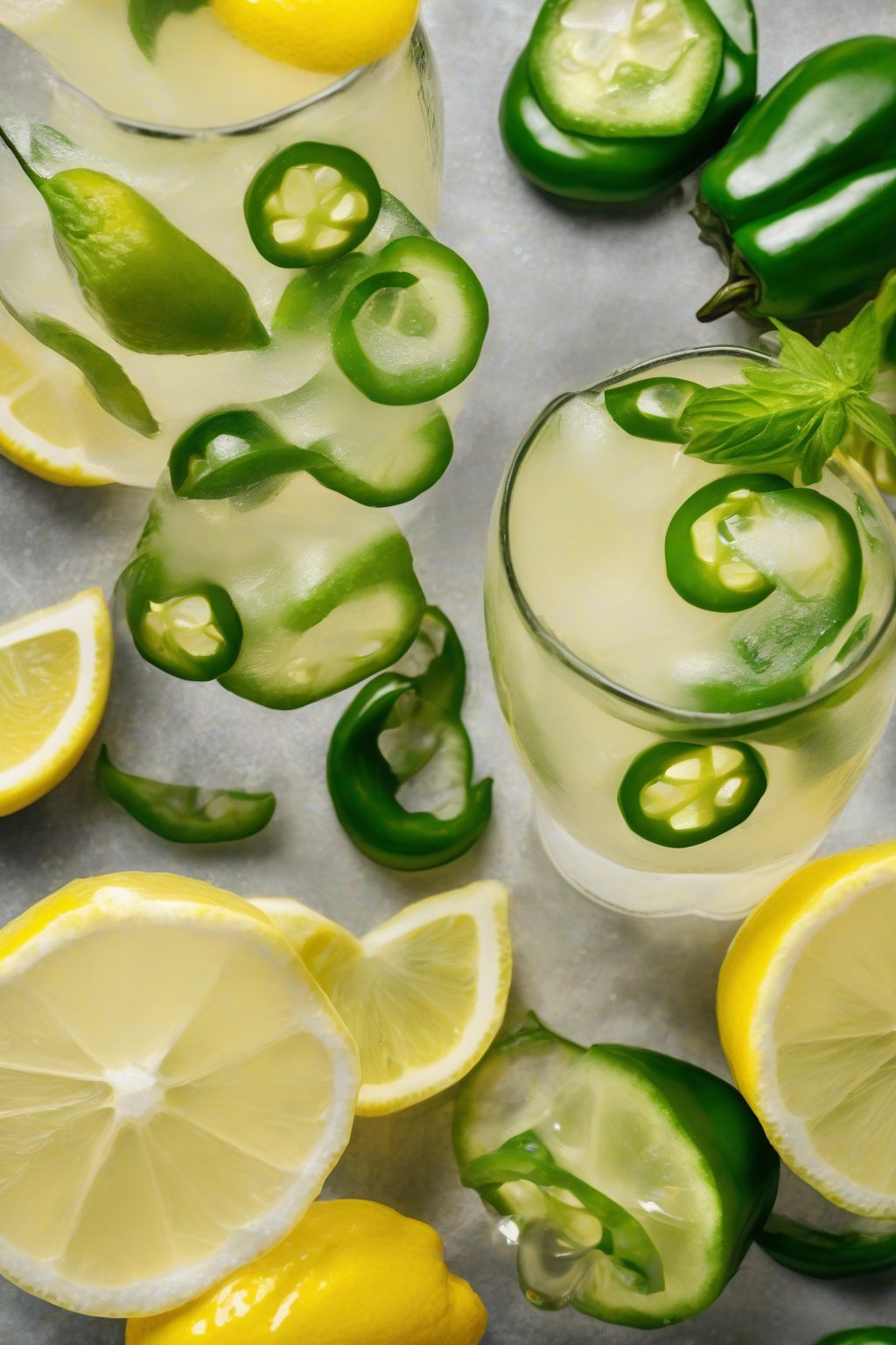 A high-resolution photo of jalapeño lemonade with green slices and lemon wedges, fizzing slightly, under soft lighting.