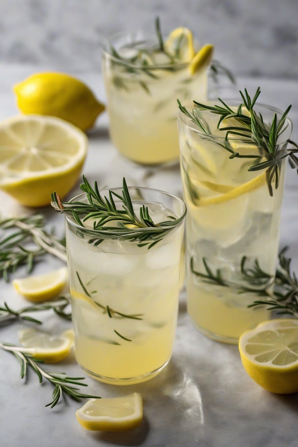 A high-resolution photo of rosemary lemonade garnished with rosemary branch and lemon slices, in elegant glasses, under soft lighting.