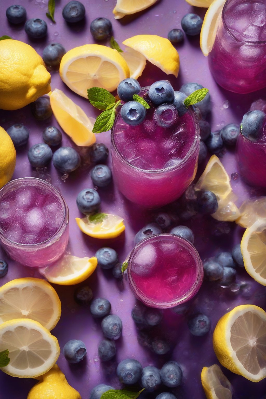 A high-resolution photo of blueberry lemonade with whole berries and lemon zest, vibrant purple hue, under soft lighting.