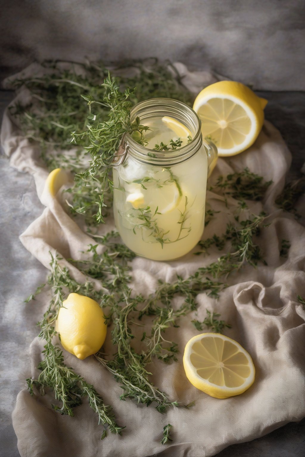 A high-resolution photo of thyme lemonade with thyme leaves and lemon peel curls, in a rustic jar, under soft lighting.