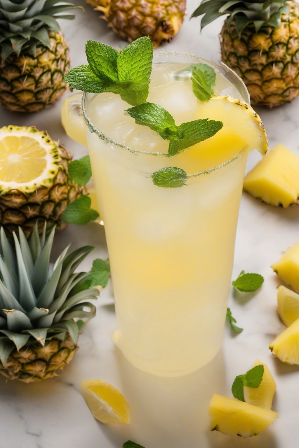 A high-resolution photo of pineapple ginger lemonade topped with pineapple chunks and mint, golden and inviting, under soft lighting.