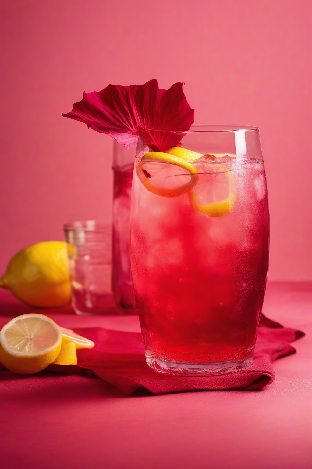 A high-resolution photo of hibiscus lemonade in a red-tinted glass with lemon slices, exotic and refreshing, under soft lighting.