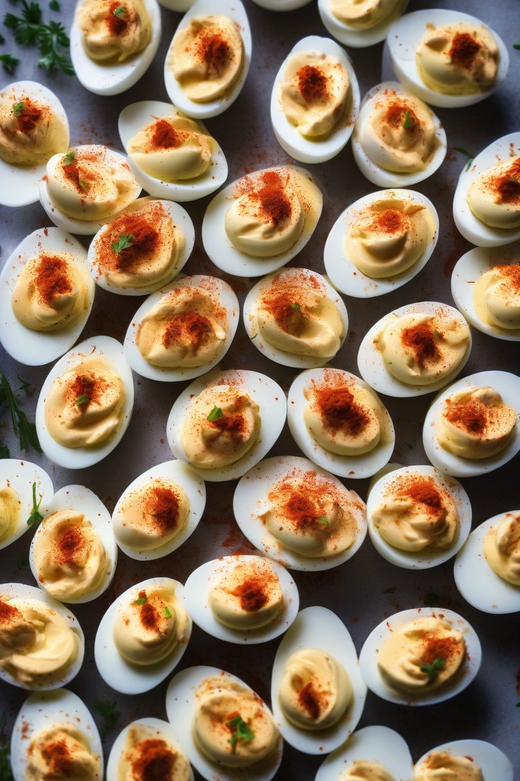 A close-up photo of classic creamy deviled eggs topped with paprika under soft lighting.