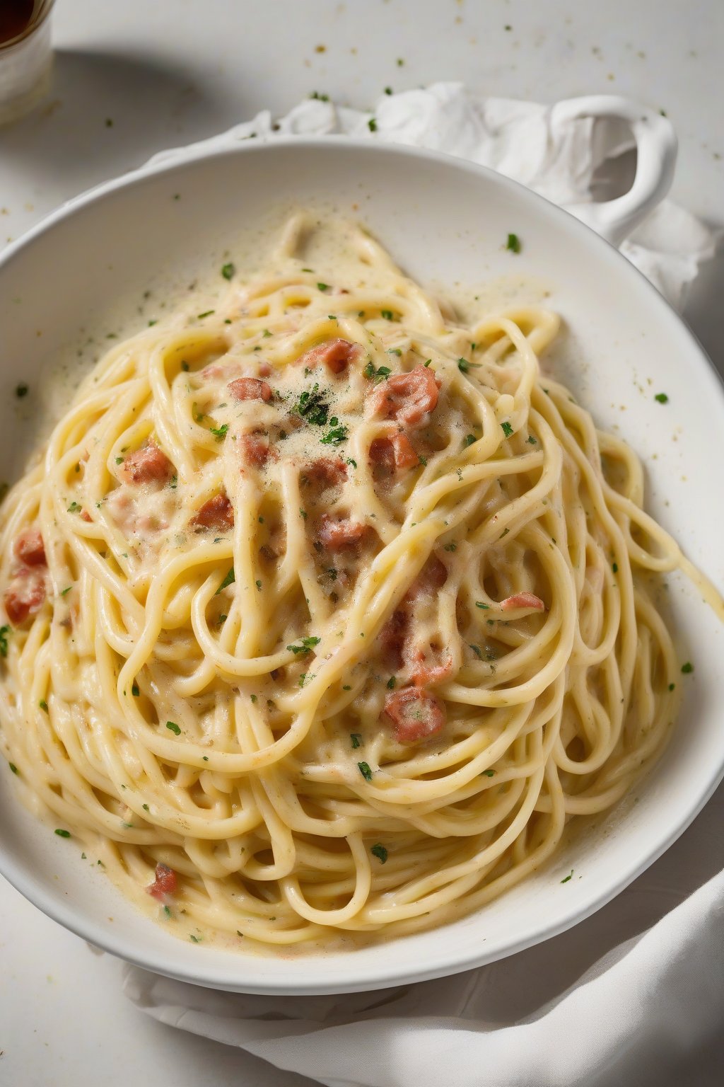 A high-resolution photo of bucatini carbonara piled high in a white bowl, thick strands glistening with egg sauce and flecks of pepper, under soft lighting.