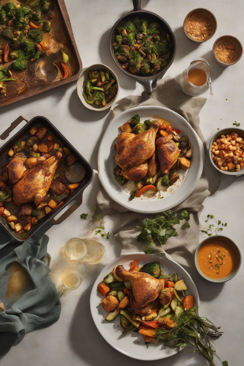 A high-resolution photo of Milk Street cookbook with a sheet-pan meal of spiced chicken and veggies under soft lighting.