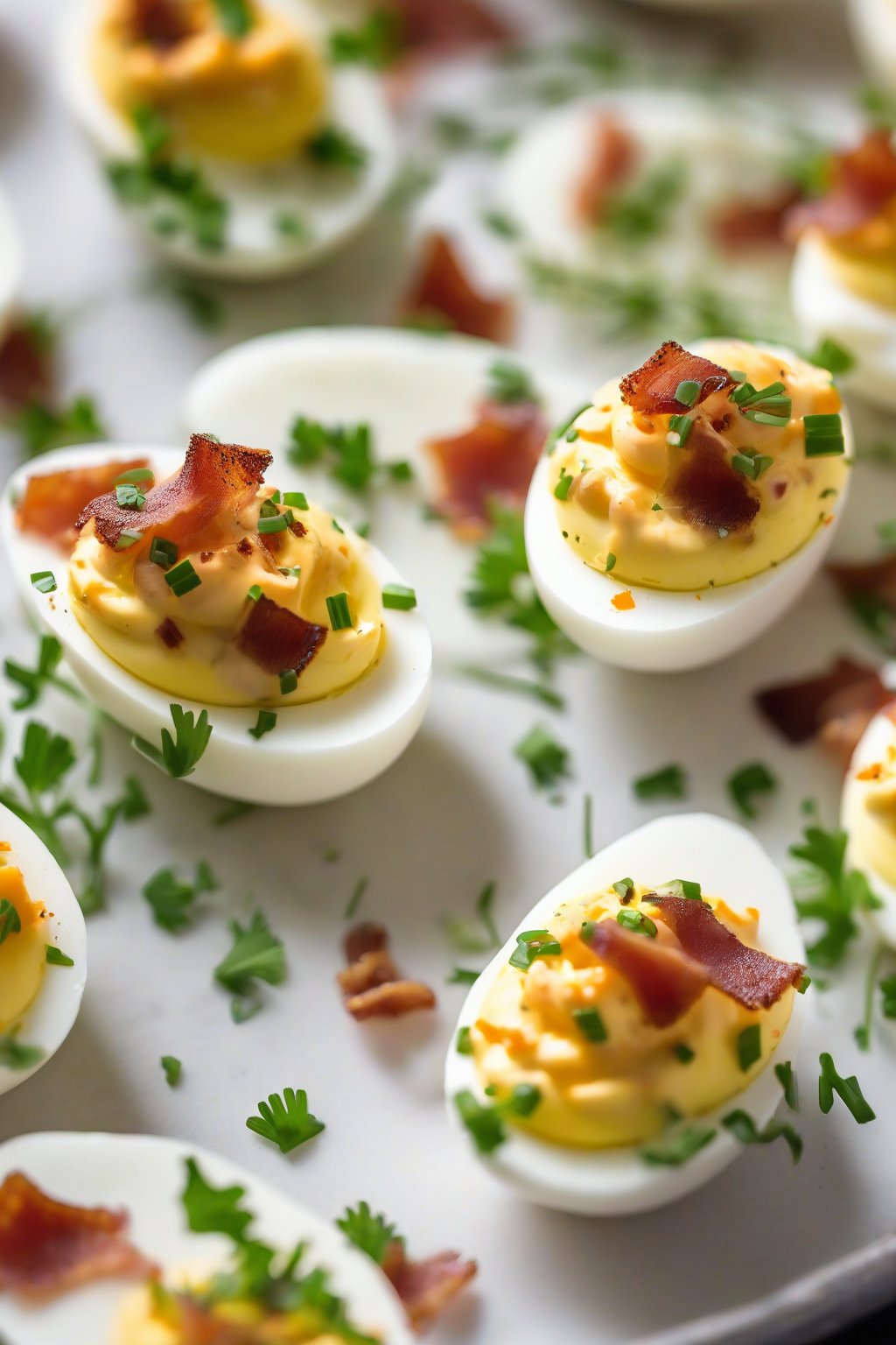 A close-up photo of bacon and cheddar deviled eggs garnished with chives under soft lighting.