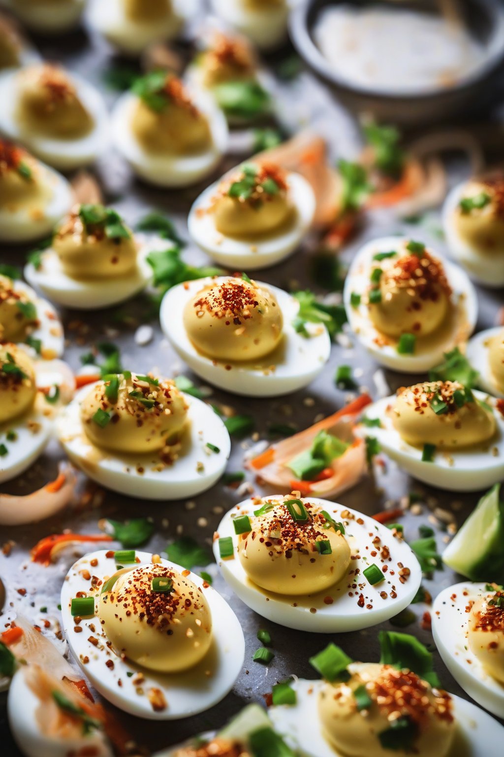 A close-up photo of spicy sriracha deviled eggs with sesame seeds under soft lighting.